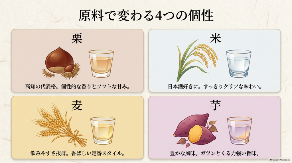 「栗、米、麦、芋という4つの原料ごとに異なる高知焼酎の個性や味わいの特徴をまとめたイラストスライド」