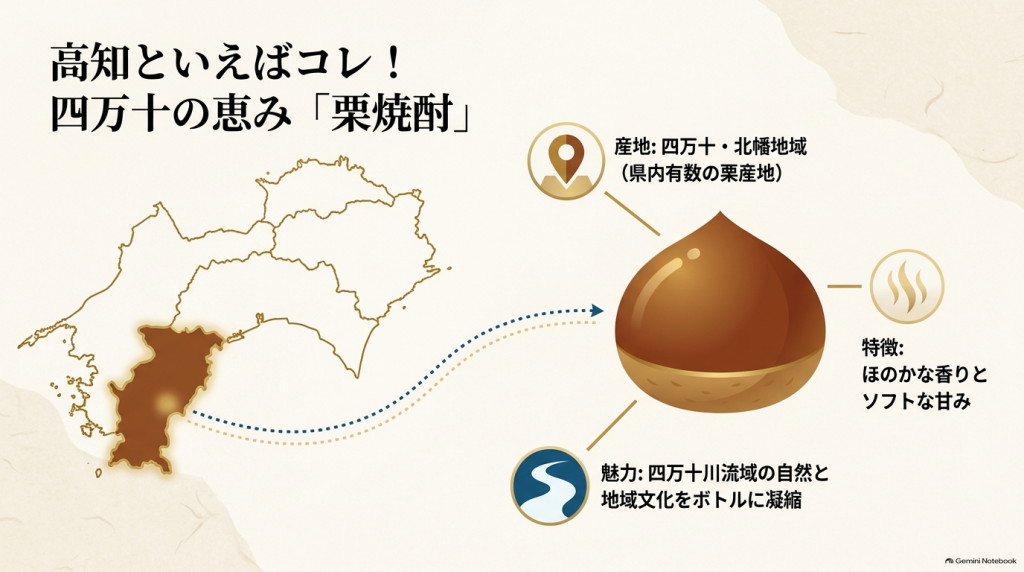 「四万十・北幡地域の栗を使用し、ほのかな香りとソフトな甘みが特徴の四万十の恵み『栗焼酎』を紹介するスライド」